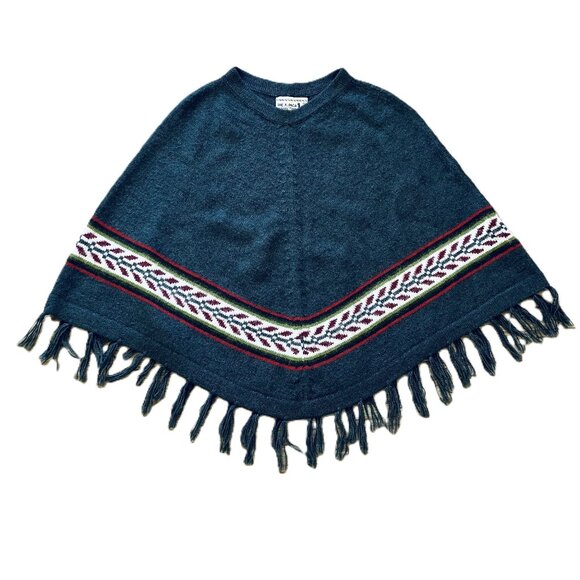 Alpaca Connection Knit Poncho Fringed Grey with Pattern Border Made in Peru - Picture 1 of 7